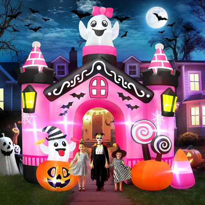 11 FT Halloween Inflatables Ghost Archway Outdoor Decorations, Pink Castle Arch Blow Up Yard Decorations Scary Inflatable with Build-in Lights for Yard Garden Lawn Indoor Outdoor Decor