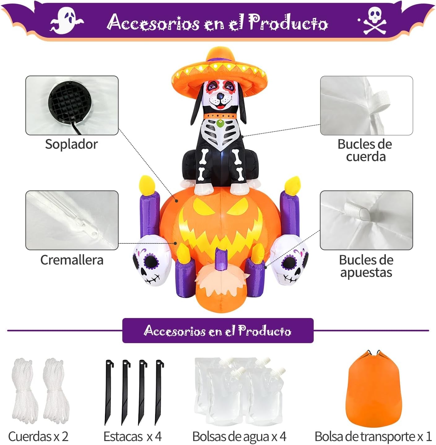 Halloween Inflatable Blow Up Decorations, Dia de Los Muertos 6FT Day of Dead Catrina Dog with Pumpkin and Candles, Built-in LEDs for Holiday Party, Garden, Lawn, Yard, Patio Décor