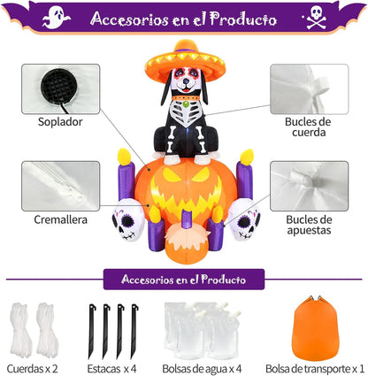 Halloween Inflatable Blow Up Decorations, Dia de Los Muertos 6FT Day of Dead Catrina Dog with Pumpkin and Candles, Built-in LEDs for Holiday Party, Garden, Lawn, Yard, Patio Décor