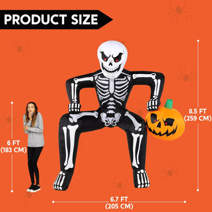 8.5ft Halloween Inflatable Skeleton, Blow Up Skeleton Holding Pumpkin for Rooftop Outdoor Decoration with LED Light, Blow Up Skeleton Sitting On The Roof for Halloween Rooftop Yard Party Decor