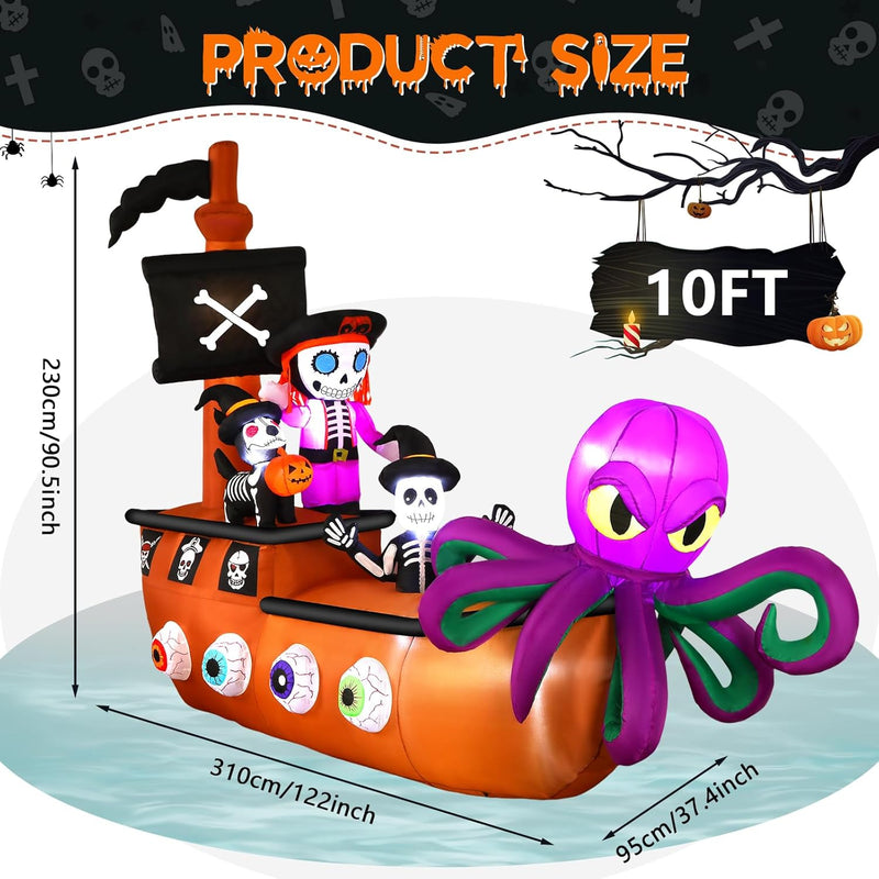 10FT Halloween Inflatable Pirate Ship outdoor Decoration with Built-in LEDs Lights, Blow Up Boat with Octopus and Pirate Skeleton for Outside/Indoor Xmas,Yard,Garden,Lawn,Party, Holiday Decor