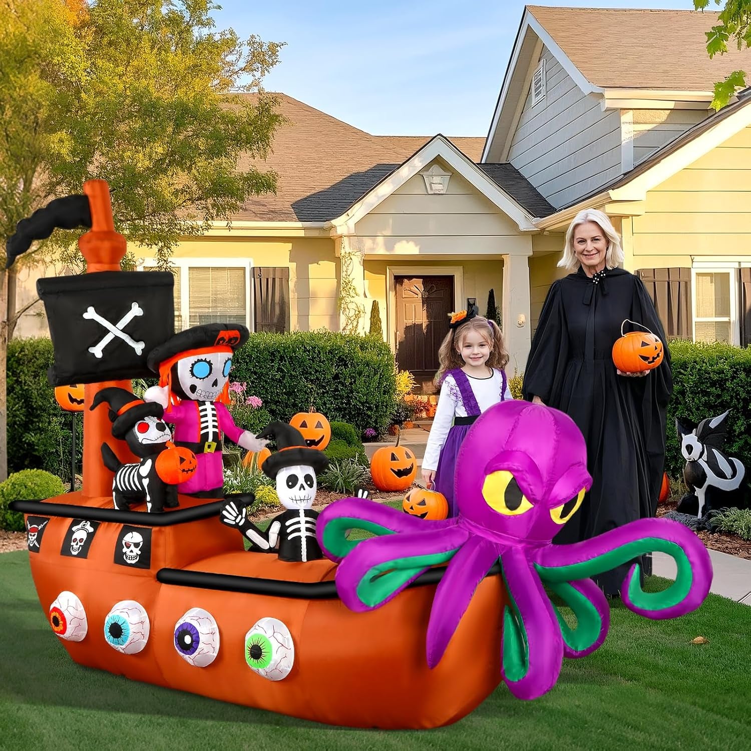 10FT Halloween Inflatable Pirate Ship outdoor Decoration with Built-in LEDs Lights, Blow Up Boat with Octopus and Pirate Skeleton for Outside/Indoor Xmas,Yard,Garden,Lawn,Party, Holiday Decor