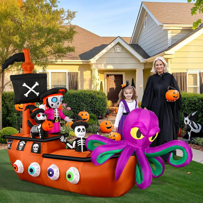 10FT Halloween Inflatable Pirate Ship outdoor Decoration with Built-in LEDs Lights, Blow Up Boat with Octopus and Pirate Skeleton for Outside/Indoor Xmas,Yard,Garden,Lawn,Party, Holiday Decor