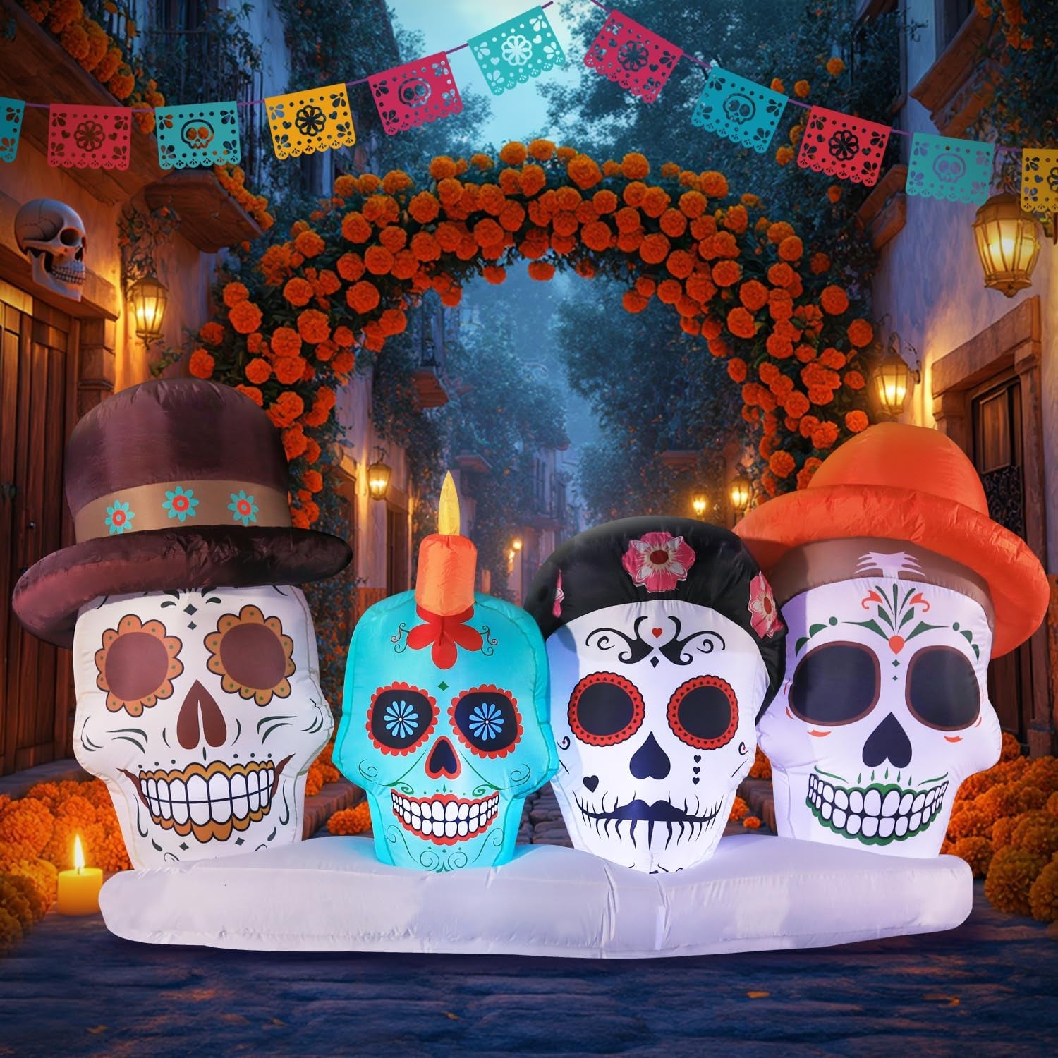 Halloween Inflatable Blow Up Decorations, Dia de Los Muertos 8FT Day of Dead Catrina Skulls, Built-in LEDs for Holiday Party, Garden, Lawn, Yard, Patio Décor