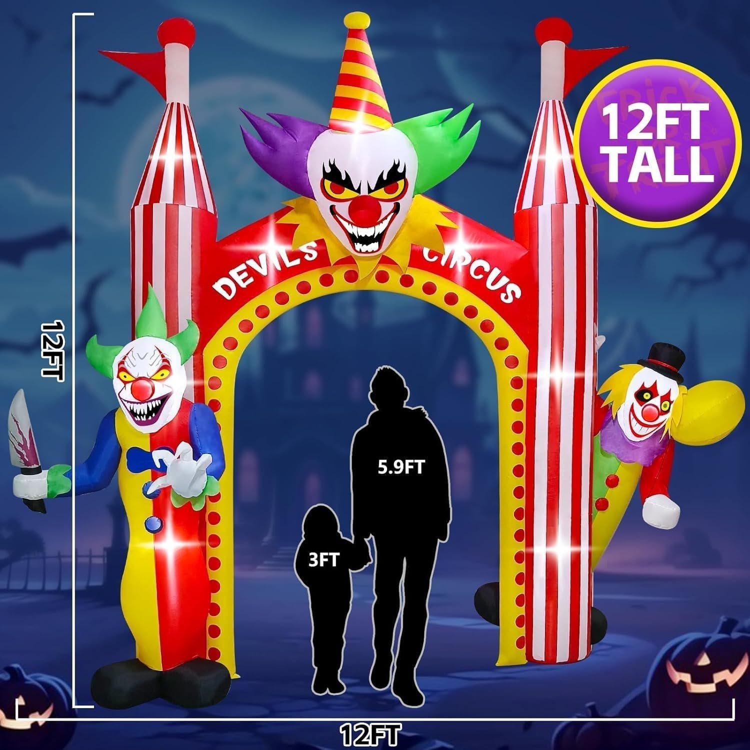 12 FT Halloween Inflatables Clown Archway Outdoor Decorations, Giant Clown Arch Blow Up Yard Decorations Scary Inflatable with Build-in Lights for Yard Garden Lawn Indoor Outdoor Decor