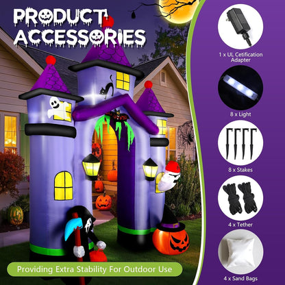 11.6FT Halloween Inflatable Arch Outdoor Decoration with Built-in LEDs Lights, Large Blow Up Purple Castle Archway with Ghost & Pumpkin for Outside/Indoor Xmas,Yard,Garden,Lawn,Holiday Decor