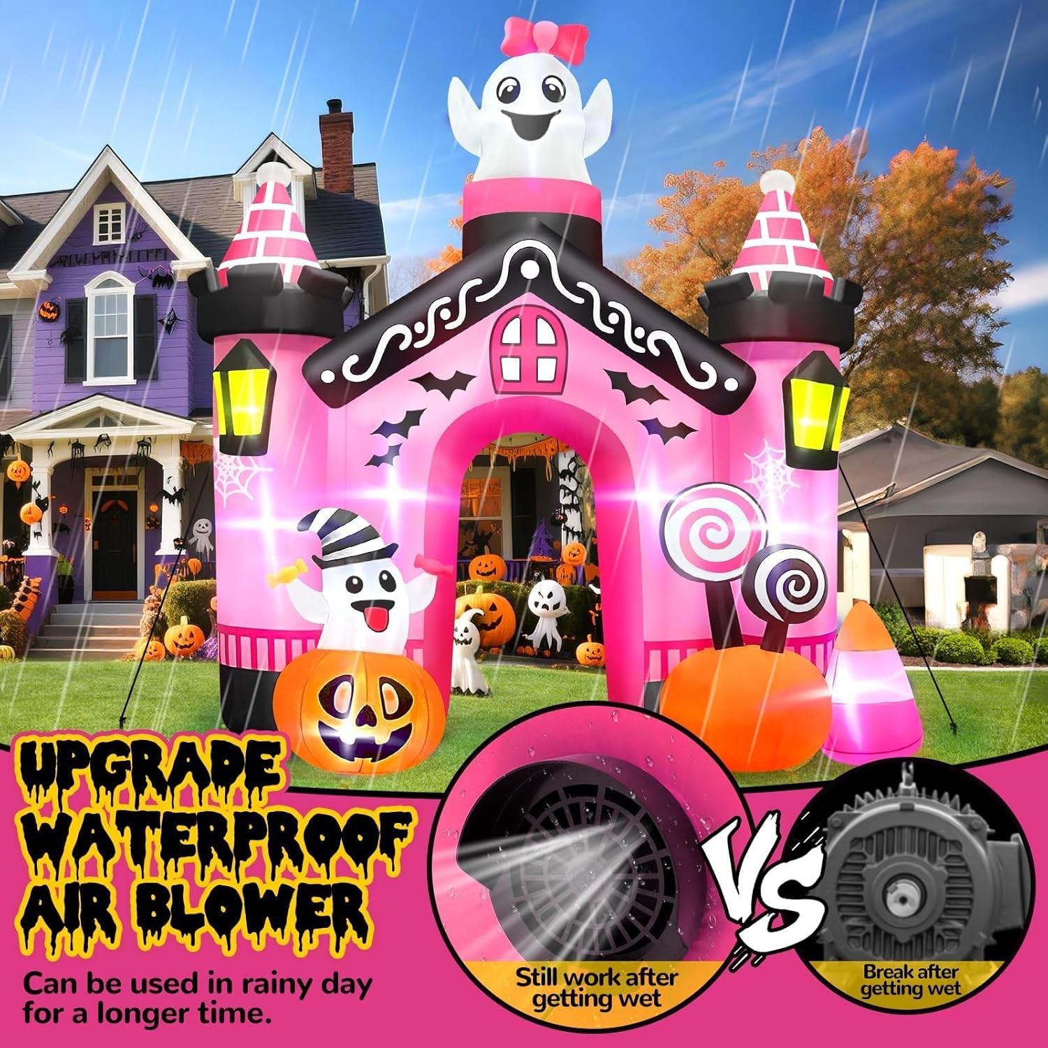 11 FT Halloween Inflatables Ghost Archway Outdoor Decorations, Pink Castle Arch Blow Up Yard Decorations Scary Inflatable with Build-in Lights for Yard Garden Lawn Indoor Outdoor Decor