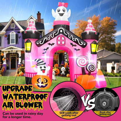 11 FT Halloween Inflatables Ghost Archway Outdoor Decorations, Pink Castle Arch Blow Up Yard Decorations Scary Inflatable with Build-in Lights for Yard Garden Lawn Indoor Outdoor Decor