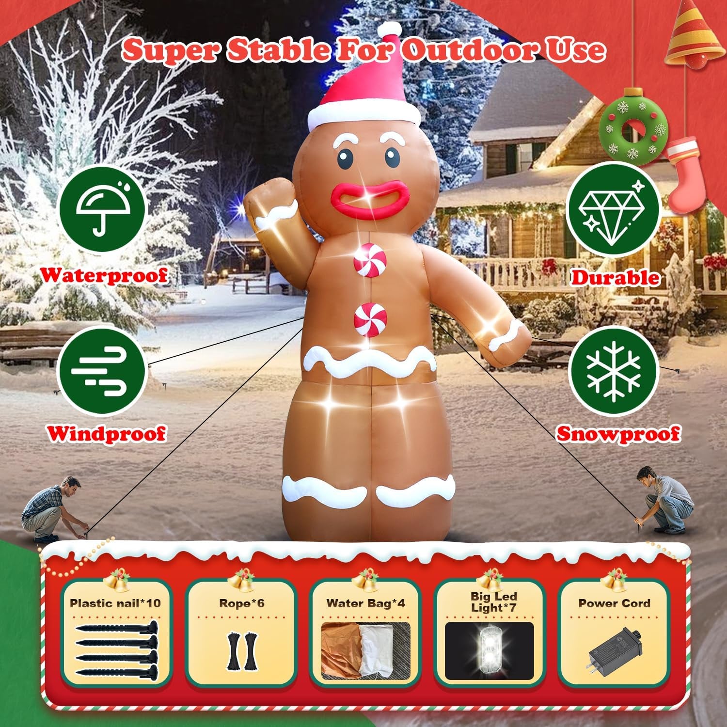 20FT Christmas Giant Inflatable Outdoor Decorations, Blow Up Gingerbread Man Yard Decoration, Xmas Decor Build-in LED Lights for Garden Lawn Yard Porch Holiday Party