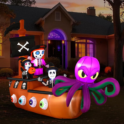 10FT Halloween Inflatable Pirate Ship outdoor Decoration with Built-in LEDs Lights, Blow Up Boat with Octopus and Pirate Skeleton for Outside/Indoor Xmas,Yard,Garden,Lawn,Party, Holiday Decor