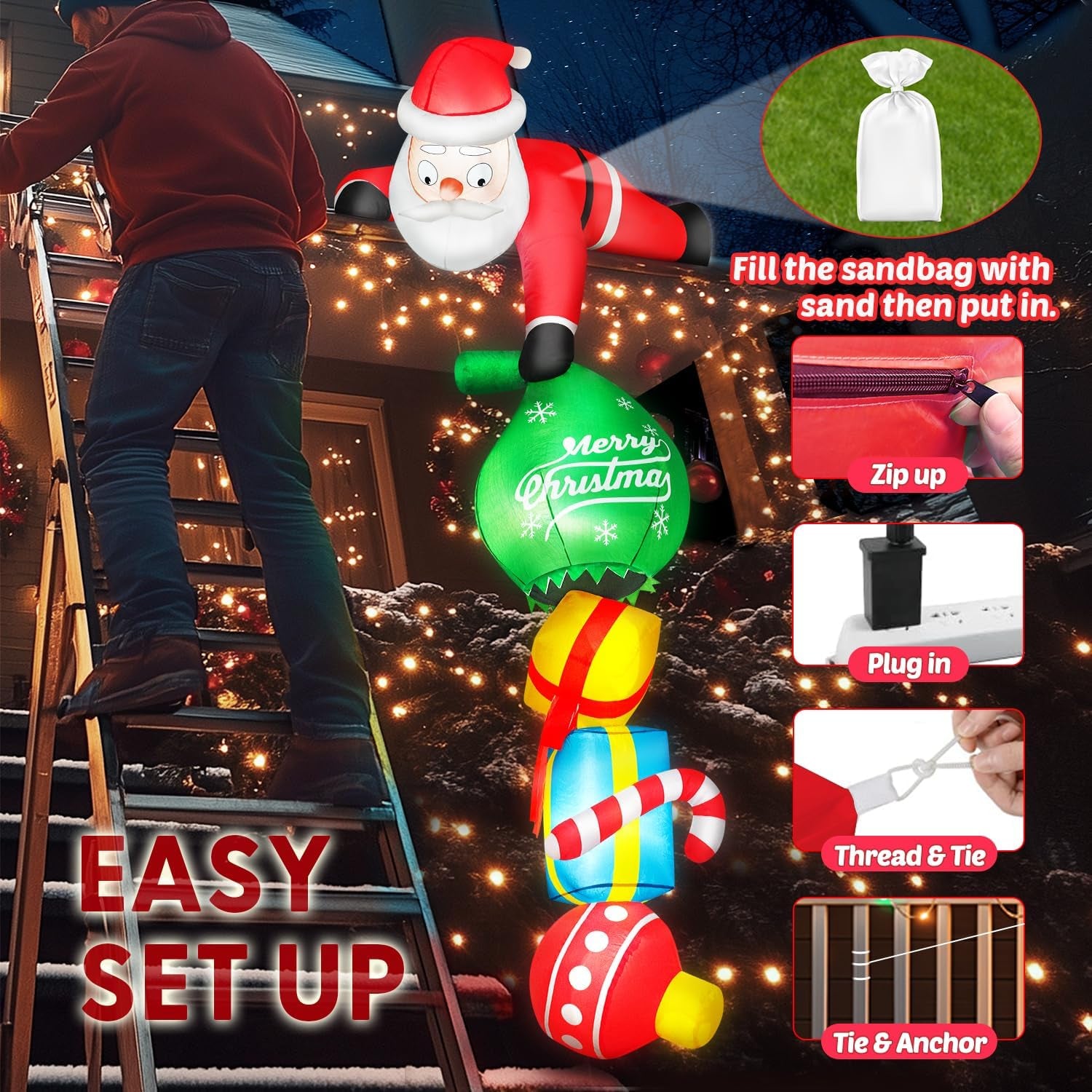 8FT Hanging Christmas Inflatable Outdoor Decoration Climbing Santa Pulling Gift Box Bag Funny Christmas Blow Up Yard Decorations with Built-in LEDs for Roof Balcony Window Tree Xmas Decor