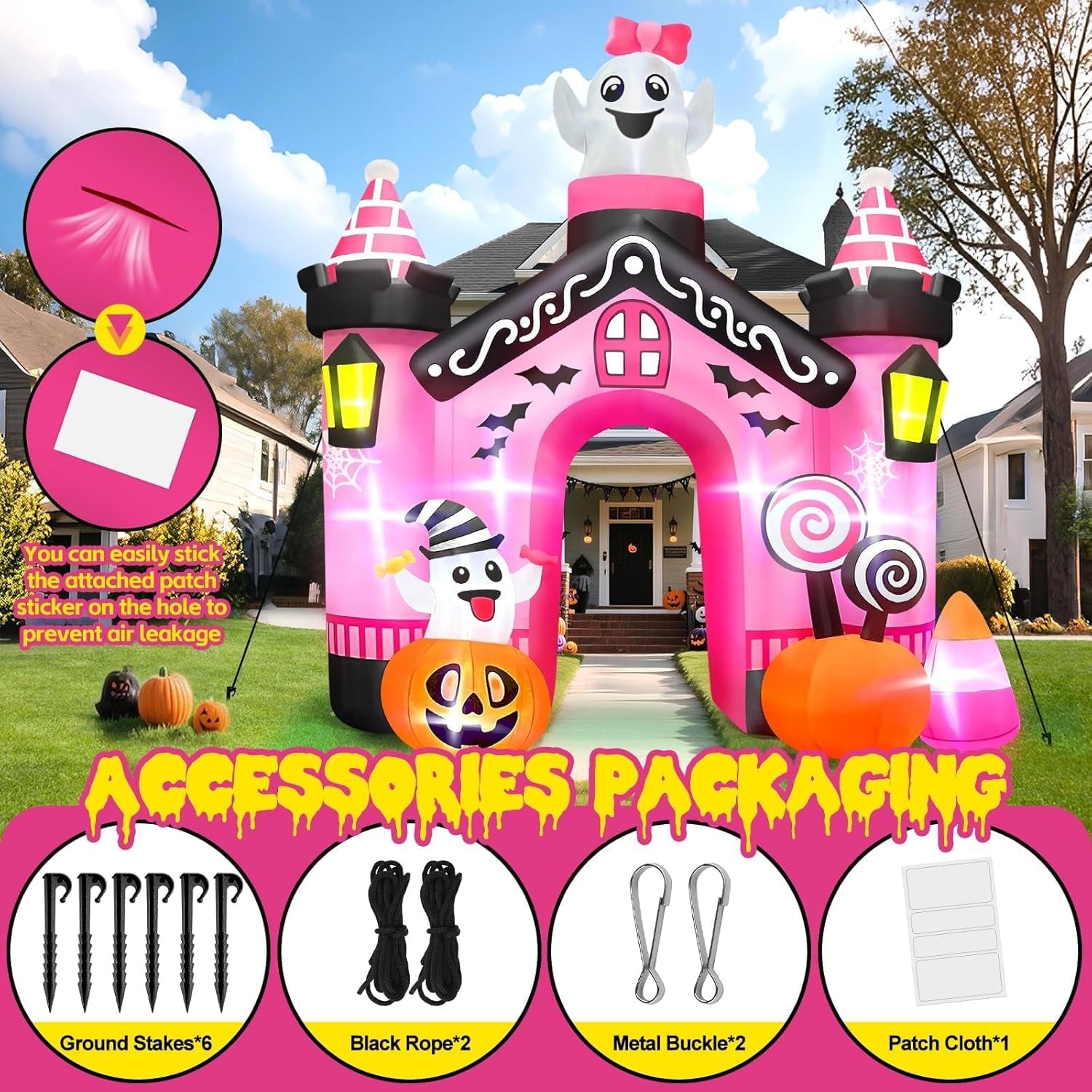 11 FT Halloween Inflatables Ghost Archway Outdoor Decorations, Pink Castle Arch Blow Up Yard Decorations Scary Inflatable with Build-in Lights for Yard Garden Lawn Indoor Outdoor Decor