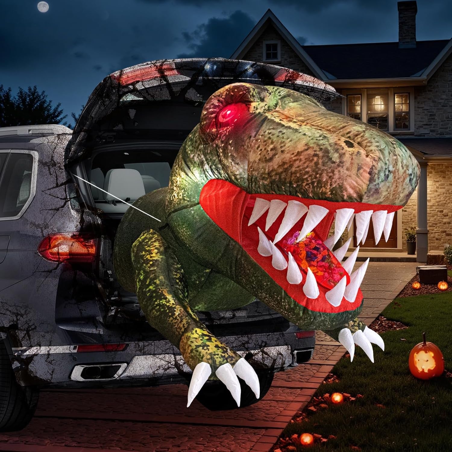 Halloween Inflatable Outdoor Decorations, 3.8FT Trunk or Treat Car Decorations, Blow Up Animated Dinosaur with Flashing Red LED Eyes for Halloween Yard Decoration