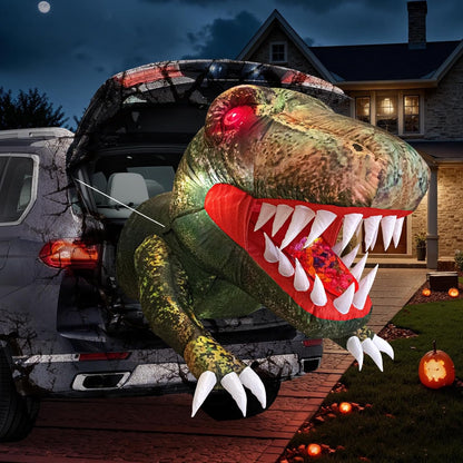 Halloween Inflatable Outdoor Decorations, 3.8FT Trunk or Treat Car Decorations, Blow Up Animated Dinosaur with Flashing Red LED Eyes for Halloween Yard Decoration