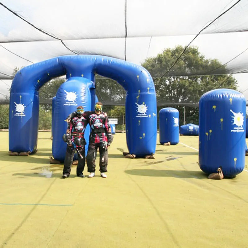 Blue inflatable paintball bunker wall on the field