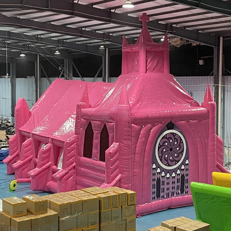 Tienda de campaña hinchable rosa con forma de iglesia para bodas y eventos al aire libre