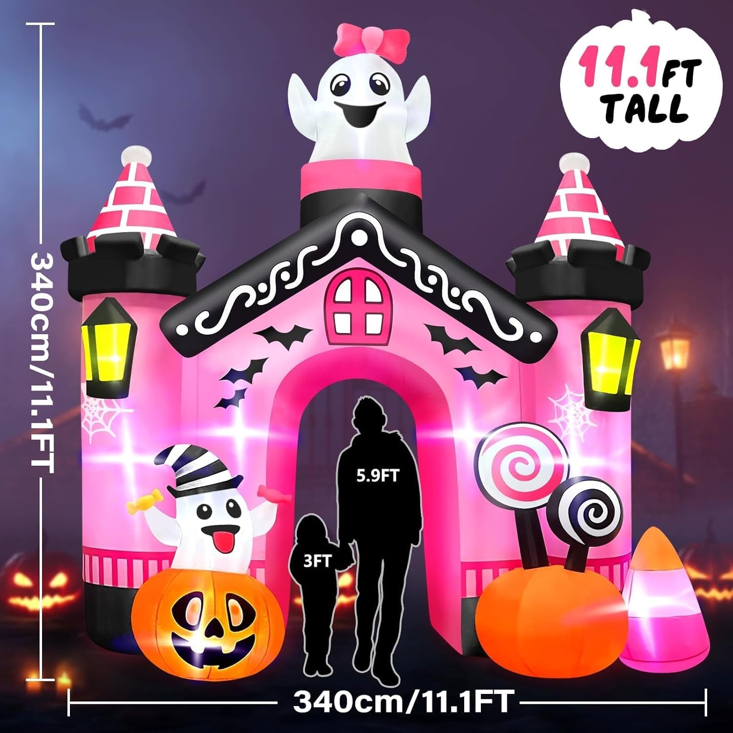 11 FT Halloween Inflatables Ghost Archway Outdoor Decorations, Pink Castle Arch Blow Up Yard Decorations Scary Inflatable with Build-in Lights for Yard Garden Lawn Indoor Outdoor Decor