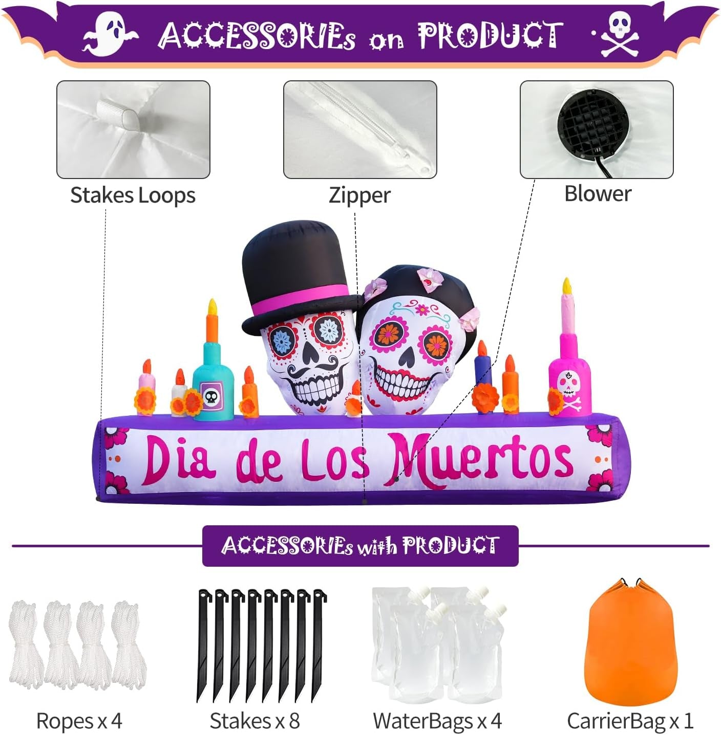 8FT Halloween Inflatable Blow Up Decorations, Dia de Los Muertos Day of Dead Catrina Skulls Altar, Built-in LEDs for Holiday Party, Garden, Lawn, Yard, Patio Décor