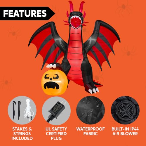 Halloween Inflatable Fire Dragon with Animated Mouth and Pumpkin Decoration