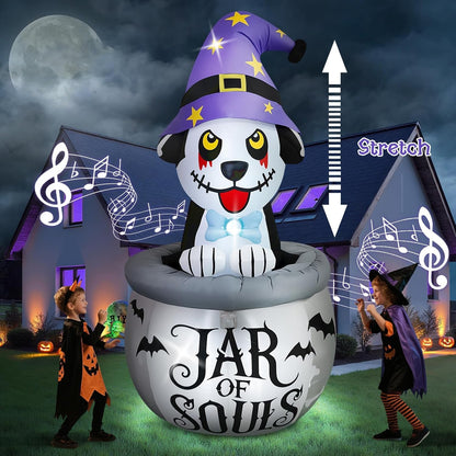 7FT Halloween Inflatables Animated Puppy Dog with Music, Witch Cauldron Halloween Blow Up Yard Decoration with Built-in LEDs for Indoor Outdoor Holiday Party Garden Lawn Decor