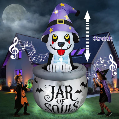 7FT Halloween Inflatables Animated Puppy Dog with Music, Witch Cauldron Halloween Blow Up Yard Decoration with Built-in LEDs for Indoor Outdoor Holiday Party Garden Lawn Decor