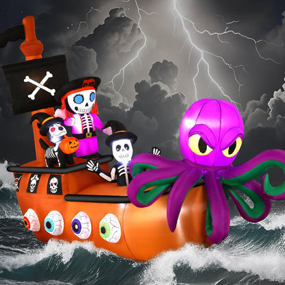 10FT Halloween Inflatable Pirate Ship outdoor Decoration with Built-in LEDs Lights, Blow Up Boat with Octopus and Pirate Skeleton for Outside/Indoor Xmas,Yard,Garden,Lawn,Party, Holiday Decor