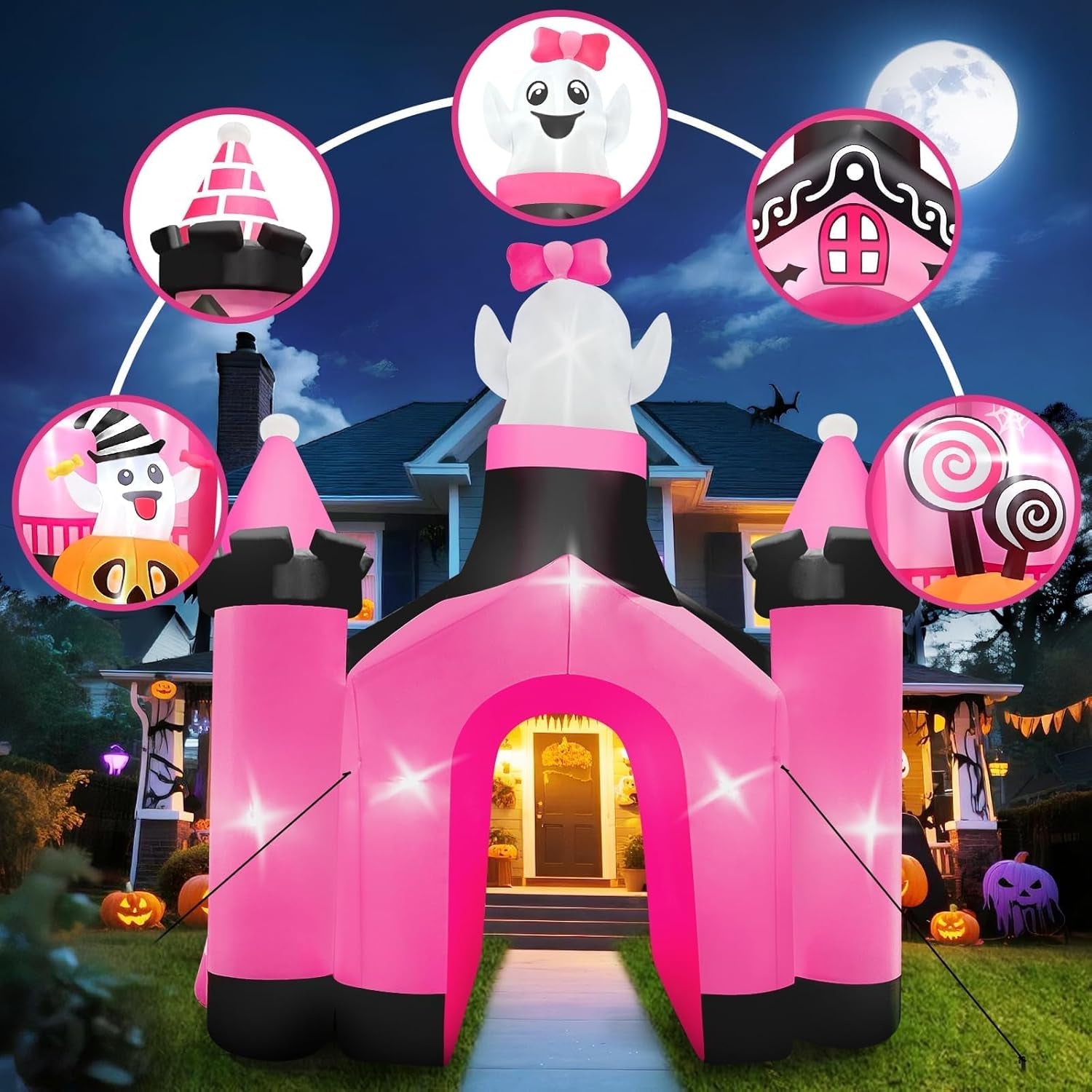 11 FT Halloween Inflatables Ghost Archway Outdoor Decorations, Pink Castle Arch Blow Up Yard Decorations Scary Inflatable with Build-in Lights for Yard Garden Lawn Indoor Outdoor Decor