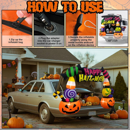 6FT Height Halloween Inflatables Trunk or Treat Car Decorations, Candy Pumpkin Arch Blow up Decorations with Built-in LED Lights Up for Halloween Party Lawn Yard SUV Car Luggage Decor