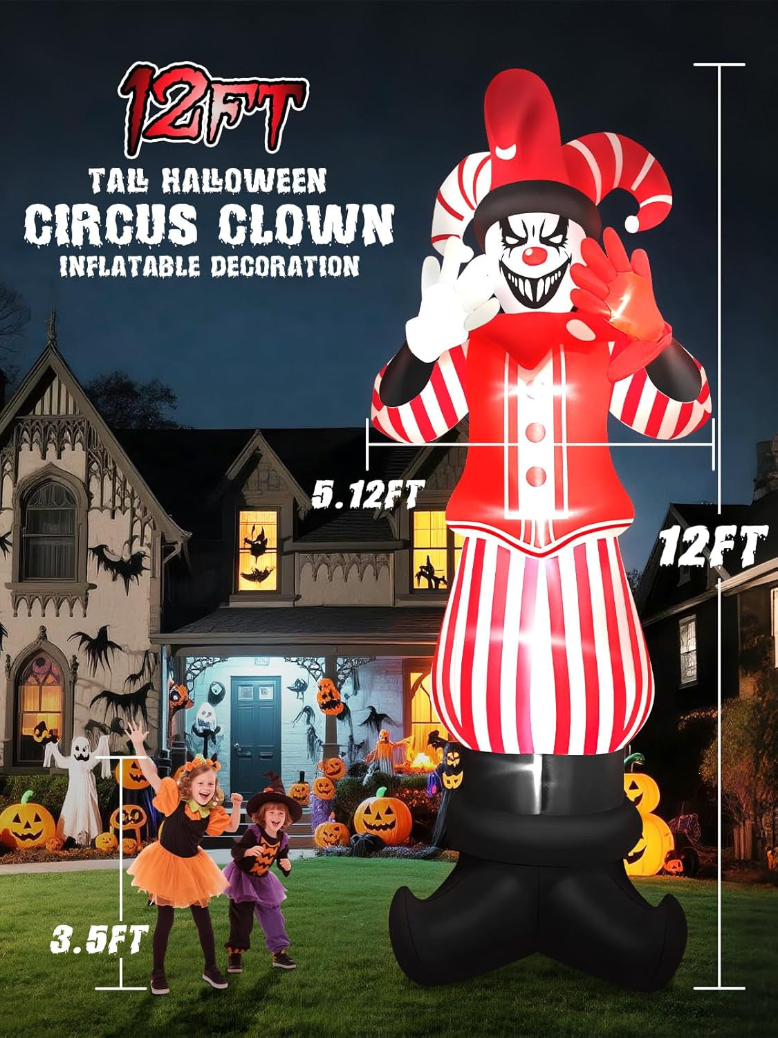 12FT Giant Halloween Inflatable Decoration,  Red Costume Scary Clown Blow Ups with Built-in LED Lights Large Huge Scary Clown Inflatable for Halloween Party Lawn Garden Outdoor Yard Decoration