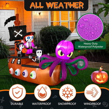 10FT Halloween Inflatable Pirate Ship outdoor Decoration with Built-in LEDs Lights, Blow Up Boat with Octopus and Pirate Skeleton for Outside/Indoor Xmas,Yard,Garden,Lawn,Party, Holiday Decor
