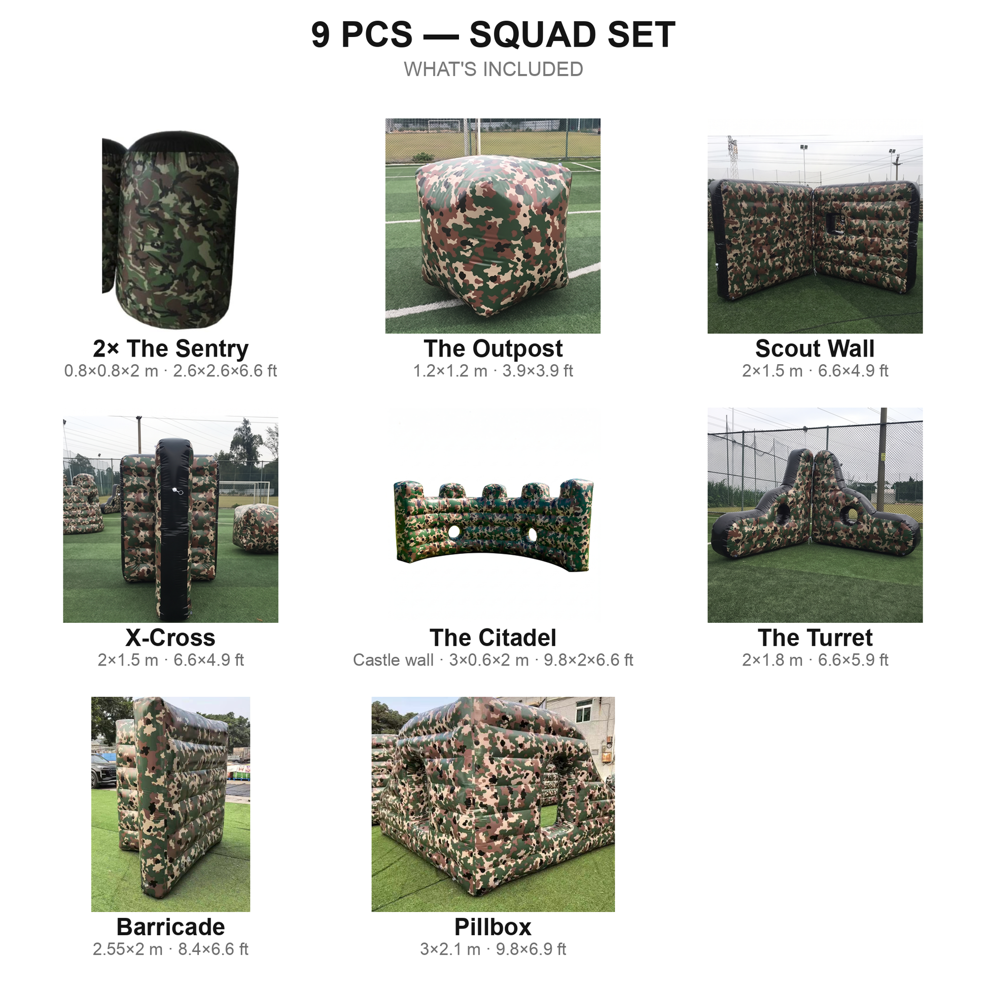 9 pcs Squad Set contents — camo airsoft bunkers