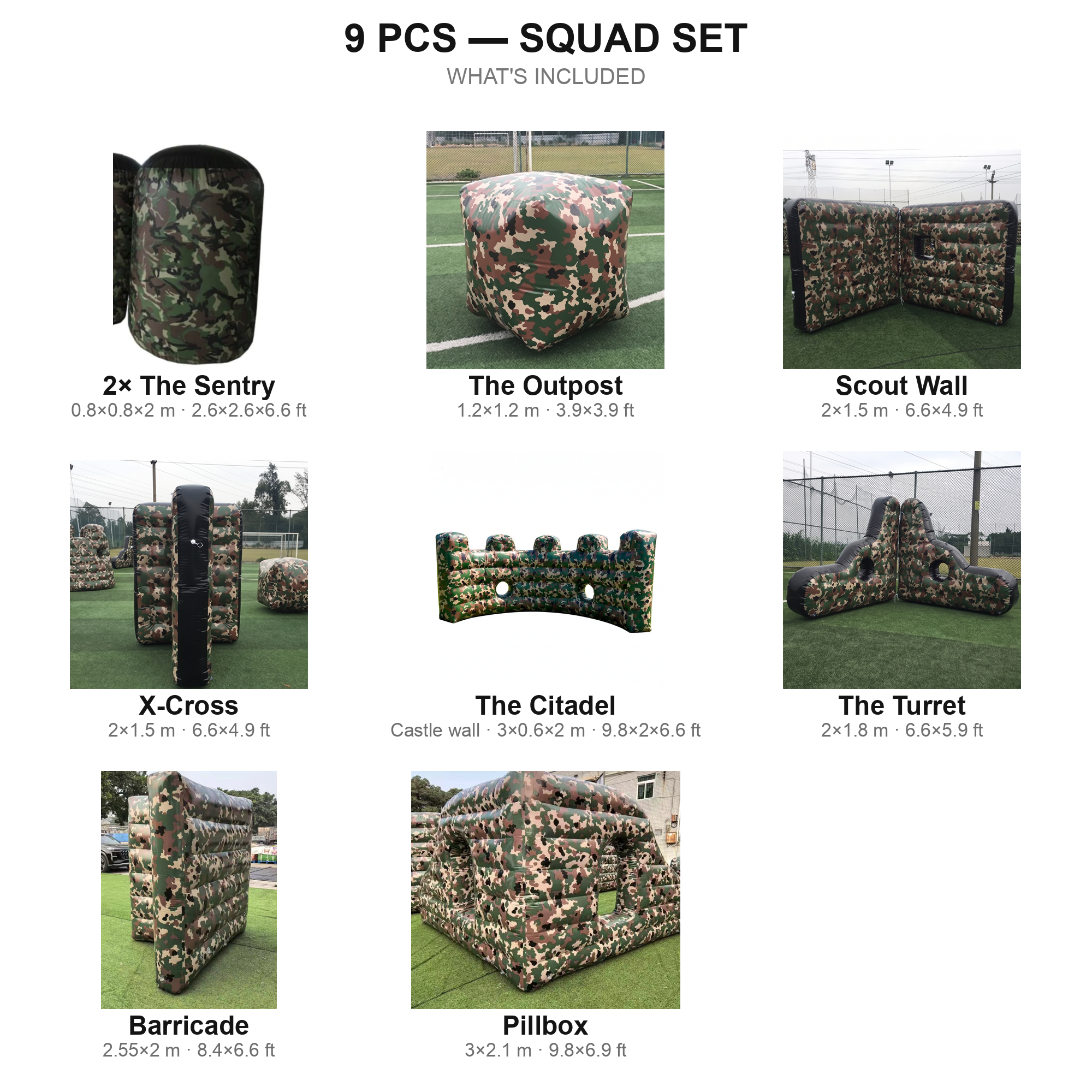 9 pcs Squad Set contents — camo airsoft bunkers
