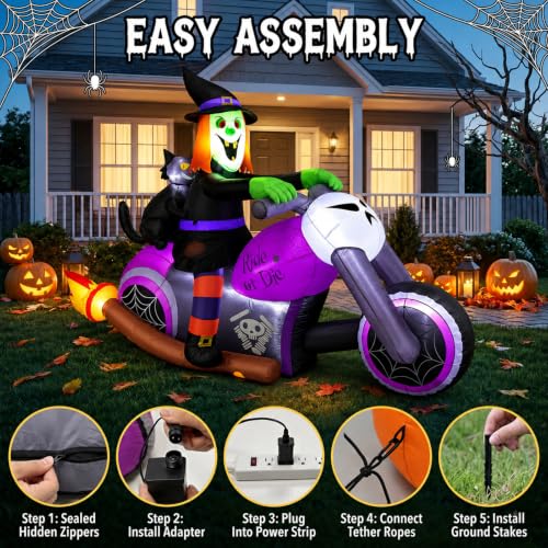 Inflatable Witch on Motorcycle Decor with Black Cat