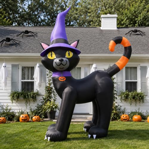 Outdoor Halloween Inflatable Black Cat with Witch Hat Display