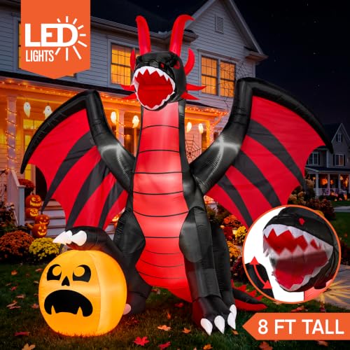 Halloween Inflatable Fire Dragon with Animated Mouth and Pumpkin Decoration
