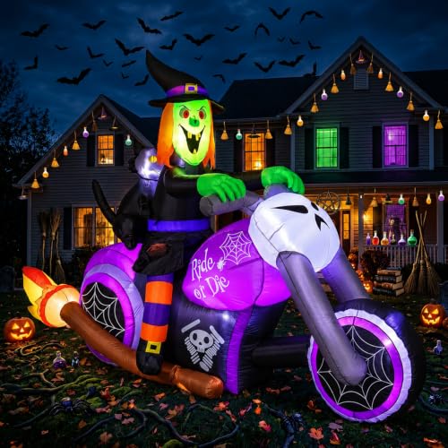 Inflatable Witch on Motorcycle Decor with Black Cat