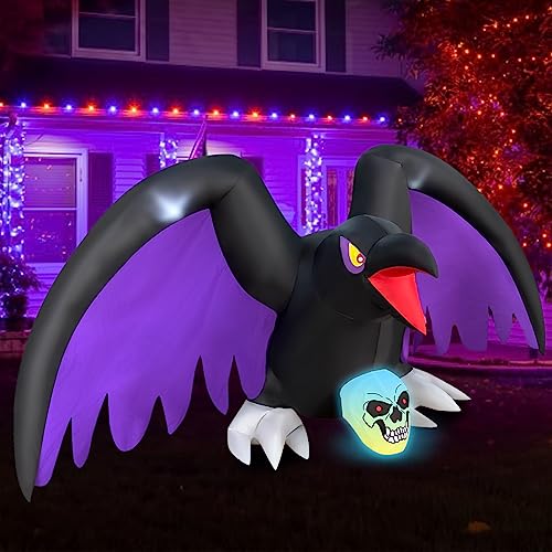 Halloween Inflatable Crow Skeleton with RGB Lights Decor