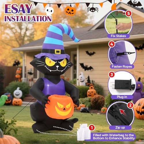 Halloween Inflatable Black Cat Lighted Yard Decoration Witch Hat
