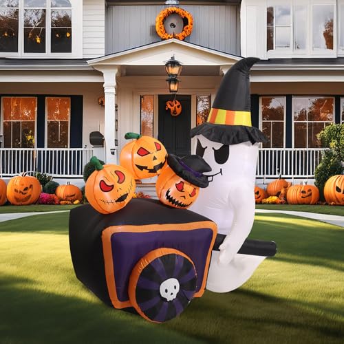 Halloween Inflatable Cute Ghost with Pumpkin Cart and Witch Hat