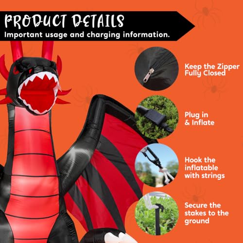 Halloween Inflatable Fire Dragon with Animated Mouth and Pumpkin Decoration