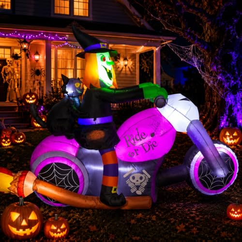 Inflatable Witch on Motorcycle Decor with Black Cat