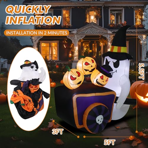 Halloween Inflatable Cute Ghost with Pumpkin Cart and Witch Hat