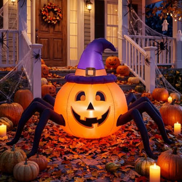 Lighted Halloween Inflatable Pumpkin Spider with Witch Hat