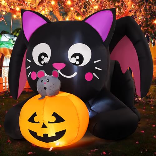 5 FT Halloween Inflatables Cat Yard Display with Pumpkin
