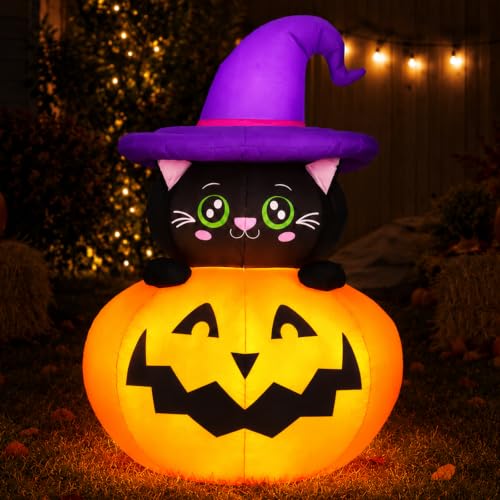 Halloween Inflatable Pumpkin Outdoor Decorations with Black Cat