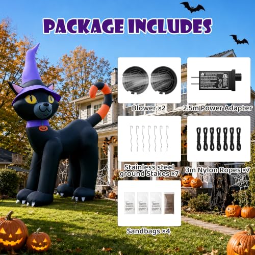 Outdoor Halloween Inflatable Black Cat with Witch Hat Display