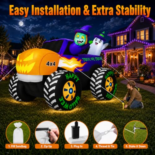 Inflatable Pumpkin Monster Truck Yard Display with LEDs