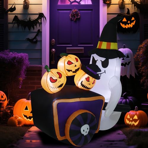 Halloween Inflatable Cute Ghost with Pumpkin Cart and Witch Hat