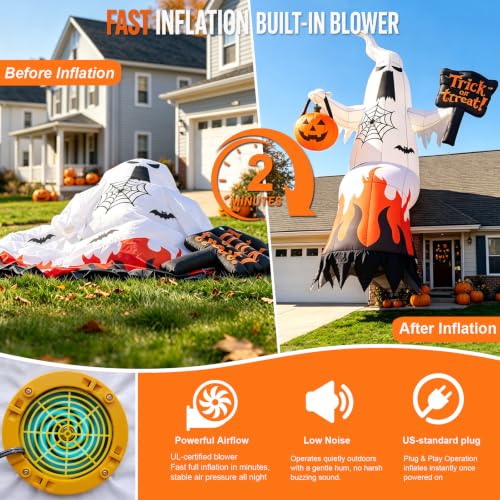Inflatable Ghost Yard Display with Treat Sign and Pumpkin Lantern