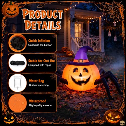 Lighted Halloween Inflatable Pumpkin Spider with Witch Hat